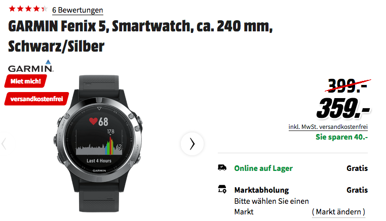 GARMIN Fenix 5 Smartwatch, 24 cm, schwarz/silber GARMIN Fenix 5 Smartwatch, 24 cm, schwarz/silber
