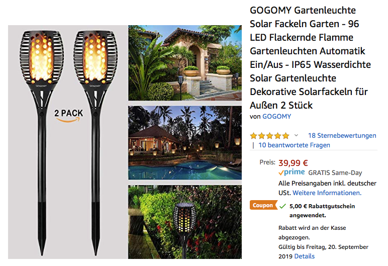 GOGOMY Solar LED-Gartenleuchte mit flackerndem Flammen-Design, 2 Stück GOGOMY Solar LED-Gartenleuchte mit flackerndem Flammen-Design, 2 Stück