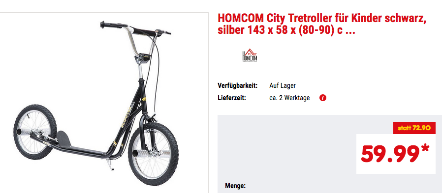 HOMCOM 16 Zoll City Tretroller für Kinder und Jugendliche, schwarz HOMCOM 16 Zoll City Tretroller für Kinder und Jugendliche, schwarz