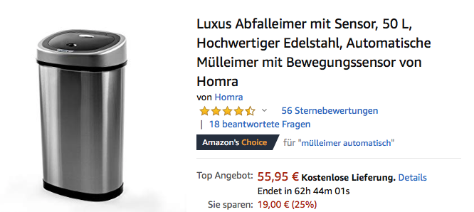 Homra Luxus Abfalleimer mit Sensor, 50 L Homra Luxus Abfalleimer mit Sensor, 50 L