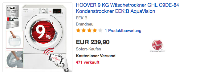 HOOVER GHL C9DE-84 Wäschetrockner, 9KG, EEK: B HOOVER GHL C9DE-84 Wäschetrockner, 9KG, EEK: B