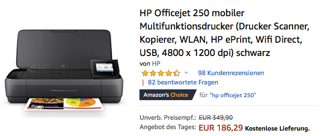 HP Officejet 250 mobiler Multifunktionsdrucker (WLAN, HP ePrint, Wifi Direct, USB, 4800 x 1200 dpi) HP Officejet 250 mobiler Multifunktionsdrucker (WLAN, HP ePrint, Wifi Direct, USB, 4800 x 1200 dpi)
