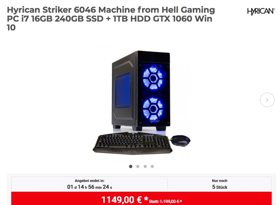 Hyrican Striker 6046 Machine from Hell Gaming PC (i7, 16GB, 240GB SSD + 1TB HDD, GTX 1060 6GB, Win 10) - jetzt 4% billiger Hyrican Striker 6046 Machine from Hell Gaming PC (i7, 16GB, 240GB SSD + 1TB HDD, GTX 1060 6GB, Win 10) - jetzt 4% billiger