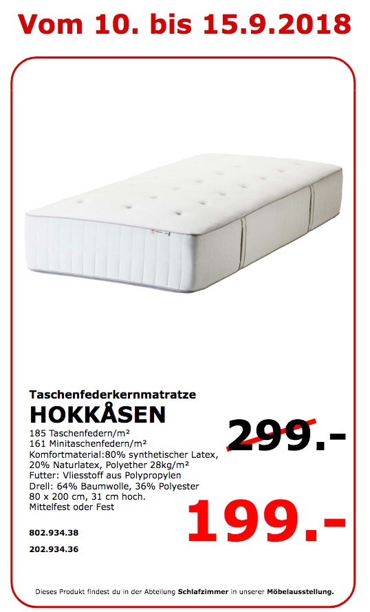 IKEA Koblenz - HOKKASEN Taschenfederkernmatratze, 80x200 cm, 31 cm hoc - jetzt 33% billiger IKEA Koblenz - HOKKASEN Taschenfederkernmatratze, 80x200 cm, 31 cm hoc - jetzt 33% billiger