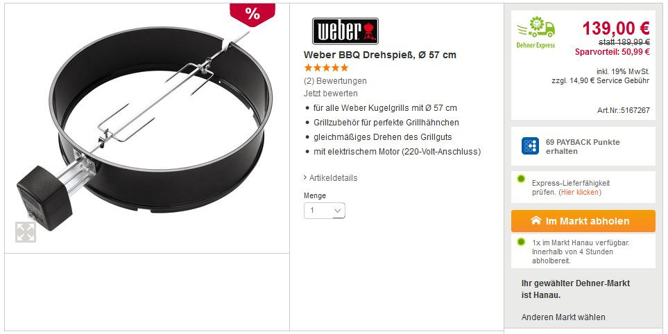 Weber BBQ Drehspieß 57cm - jetzt 26% billiger Weber BBQ Drehspieß 57cm - jetzt 26% billiger