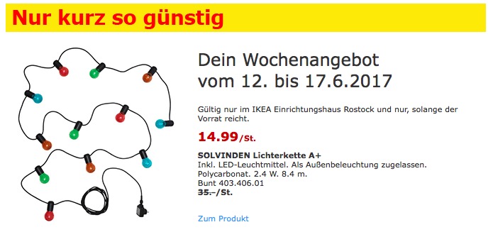 IKEA SOLVINDEN Lichterkette A+ Inkl. LED-Leuchtmittel. Als Außenbeleuchtung zugelassen. 8,4 Meter lang. - jetzt 57% billiger IKEA SOLVINDEN Lichterkette A+ Inkl. LED-Leuchtmittel. Als Außenbeleuchtung zugelassen. 8,4 Meter lang. - jetzt 57% billiger