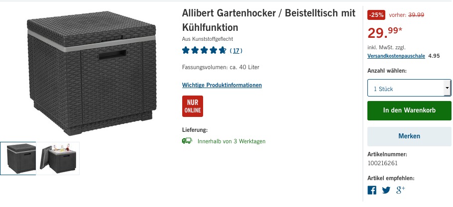 Allibert in Rattanoptik Kühlbox/Beistelltisch Ice Cube, Grau Allibert in Rattanoptik Kühlbox/Beistelltisch Ice Cube, Grau