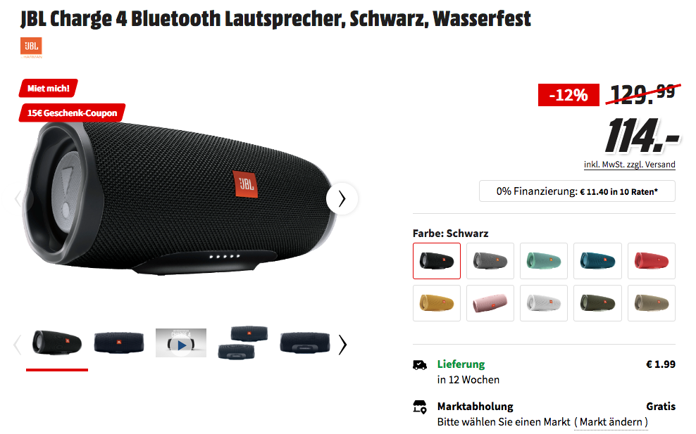 JBL Charge 4 Bluetooth Lautsprecher in Schwarz inkl. 15 Geschenk-Coupon JBL Charge 4 Bluetooth Lautsprecher in Schwarz inkl. 15 Geschenk-Coupon