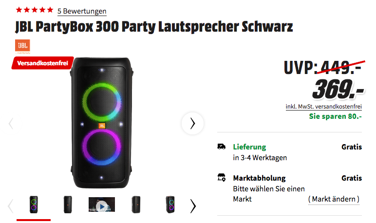 JBL PartyBox 300 Party Lautsprecher, schwarz JBL PartyBox 300 Party Lautsprecher, schwarz