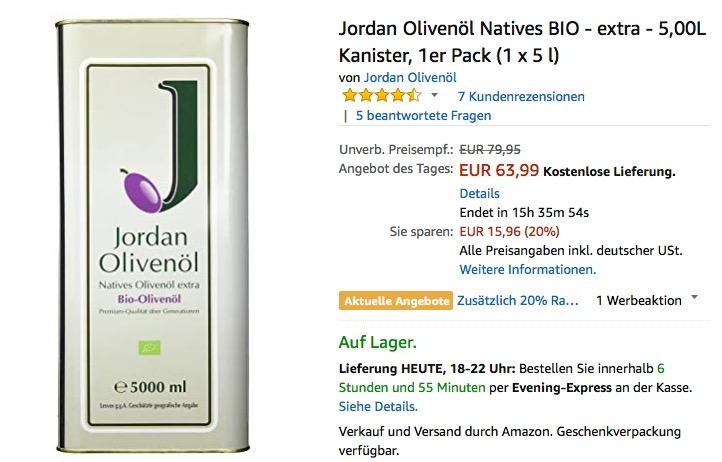Jordan Olivenöl Natives BIO - extra - 5,00L Kanister - jetzt 20% billiger Jordan Olivenöl Natives BIO - extra - 5,00L Kanister - jetzt 20% billiger