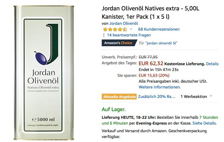 Jordan Olivenöl Natives extra - 5,00L Kanister - jetzt 18% billiger Jordan Olivenöl Natives extra - 5,00L Kanister - jetzt 18% billiger