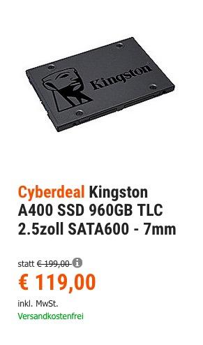 Kingston A400 960GB interne SSD-Festplatte - jetzt 8% billiger Kingston A400 960GB interne SSD-Festplatte - jetzt 8% billiger
