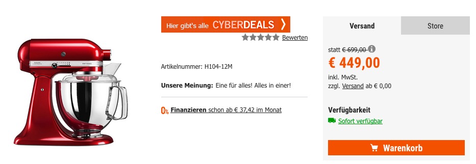 KitchenAid ARTISAN 5KSM175PSECA Küchenmaschine 300W 4,8L liebesapfelrot KitchenAid ARTISAN 5KSM175PSECA Küchenmaschine 300W 4,8L liebesapfelrot