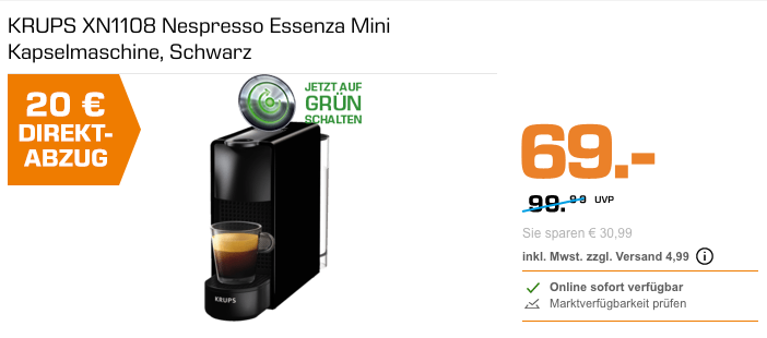 KRUPS XN1108 Nespresso Essenza Mini Kapselmaschine, schwarz KRUPS XN1108 Nespresso Essenza Mini Kapselmaschine, schwarz