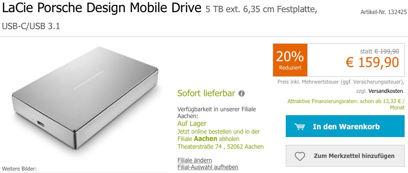 LaCie Porsche Design Mobile Drive 5 TB externe Festplatte LaCie Porsche Design Mobile Drive 5 TB externe Festplatte