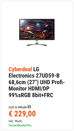 LG Electronics 27UD59-B 68,6cm (27") UHD 4K Profi-Monitor, AMD FreeSync LG Electronics 27UD59-B 68,6cm (27") UHD 4K Profi-Monitor, AMD FreeSync