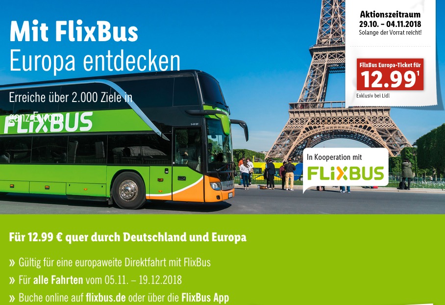 LIDL-Aktion: FLIXBUS 12,99 Ticket für Einzelfahrt quer Deutschland und Europa - jetzt 72% billiger LIDL-Aktion: FLIXBUS 12,99 Ticket für Einzelfahrt quer Deutschland und Europa - jetzt 72% billiger