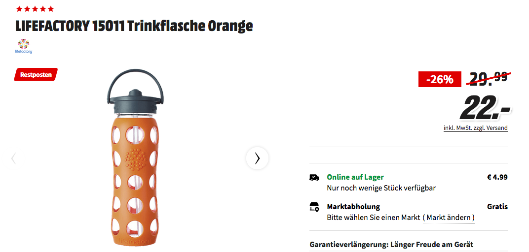 LIFEFACTORY 15011 0.65 Liter Glas Trinkflasche, orange LIFEFACTORY 15011 0.65 Liter Glas Trinkflasche, orange