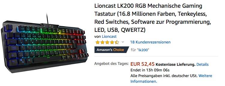 Lioncast LK200 RGB Gaming Tastatur mit Mechanischen Red Switches - jetzt 25% billiger Lioncast LK200 RGB Gaming Tastatur mit Mechanischen Red Switches - jetzt 25% billiger
