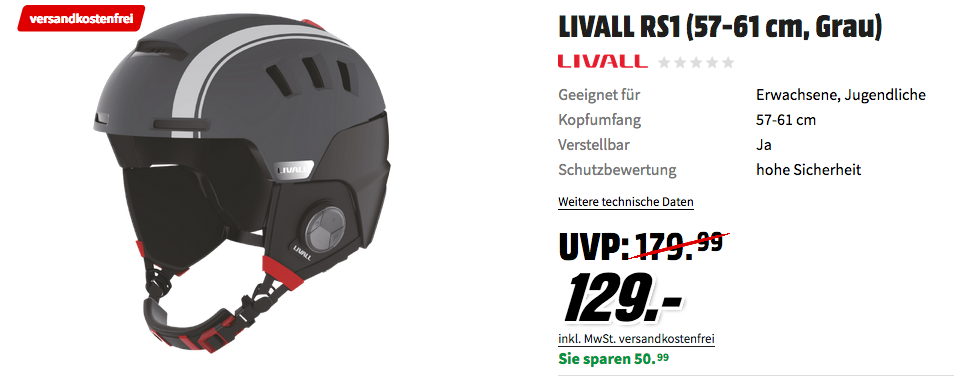 Livall Rs1 Skihelm (57-61 cm) in Grau oder Weiß Livall Rs1 Skihelm (57-61 cm) in Grau oder Weiß