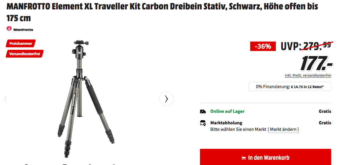 MANFROTTO Element XL Traveller Carbon Dreibein Stativ, max 175 cm hoch MANFROTTO Element XL Traveller Carbon Dreibein Stativ, max 175 cm hoch