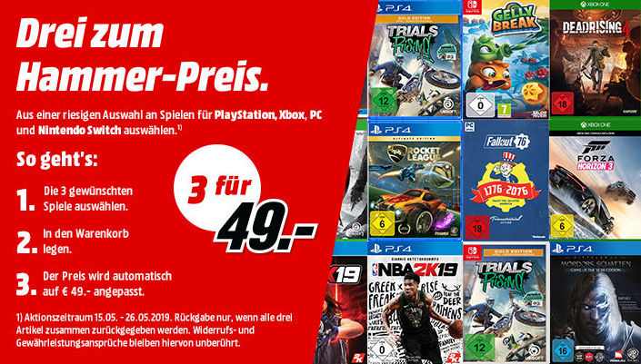 MediaMarkt Aktion: 3 Spiele (PS4, Xbox, PC, Nintendo) für 49, gilt bis 26.5.2019 MediaMarkt Aktion: 3 Spiele (PS4, Xbox, PC, Nintendo) für 49, gilt bis 26.5.2019