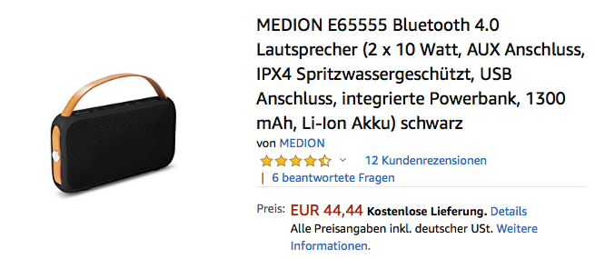MEDION E65555 Bluetooth-Lautsprecher Schwarz (2 x 10 Watt, IPX4, integrierte Powerbank) MEDION E65555 Bluetooth-Lautsprecher Schwarz (2 x 10 Watt, IPX4, integrierte Powerbank)