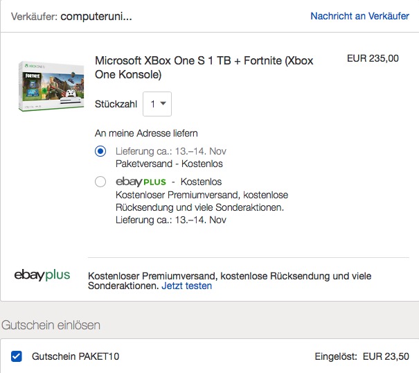 Microsoft XBox One S 1 TB + Fortnite (Xbox One Konsole) - jetzt 24% billiger Microsoft XBox One S 1 TB + Fortnite (Xbox One Konsole) - jetzt 24% billiger