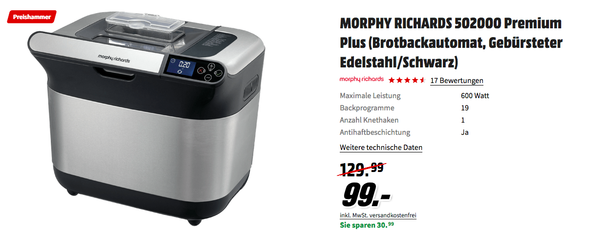 MORPHY RICHARDS 502000 Premium Plus Brotbackautomat, schwarz MORPHY RICHARDS 502000 Premium Plus Brotbackautomat, schwarz
