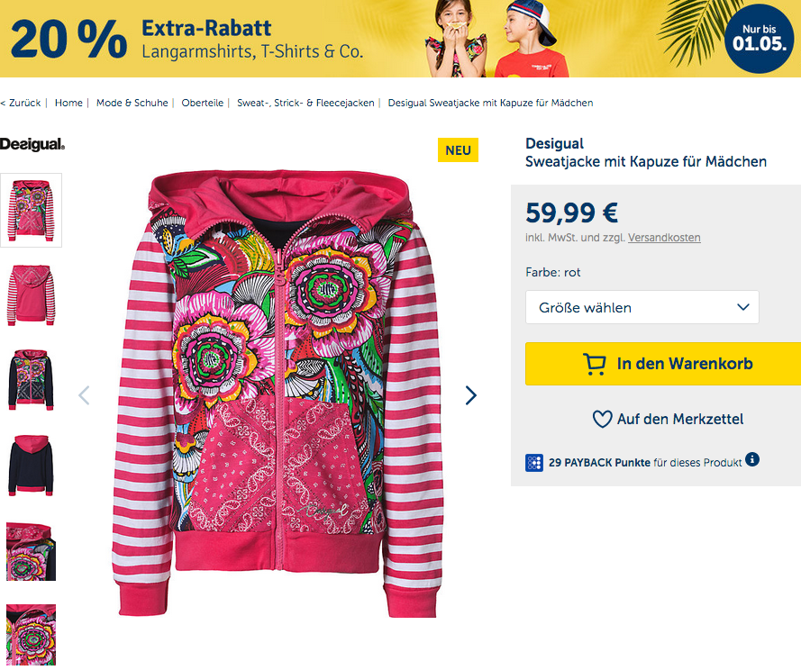 myToys 20 % Extra-Rabatt auf Oberteile: z.B. Desigual Sweatjacke mit Kapuze für Mädchen (98-164) myToys 20 % Extra-Rabatt auf Oberteile: z.B. Desigual Sweatjacke mit Kapuze für Mädchen (98-164)