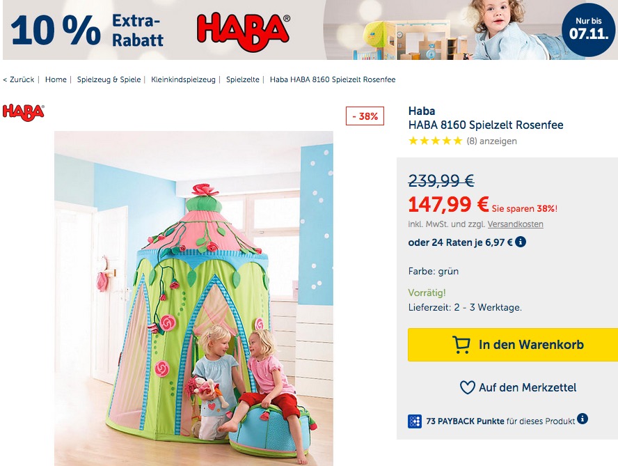 myToys.de 10% Extra-Rabat auf HABA: z.B. HABA 8160 - Spielzelt Rosenfee - jetzt 10% billiger myToys.de 10% Extra-Rabat auf HABA: z.B. HABA 8160 - Spielzelt Rosenfee - jetzt 10% billiger