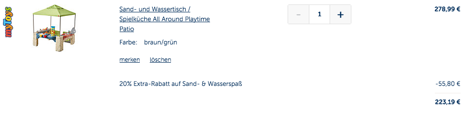 myToys.de 20 % Extra-Rabat auf Sand- & Wasserspaß bis 17.5.19: z.B. Sand- und Wassertisch / Spielküche "All Around Playtime Patio" myToys.de 20 % Extra-Rabat auf Sand- & Wasserspaß bis 17.5.19: z.B. Sand- und Wassertisch / Spielküche "All Around Playtime Patio"