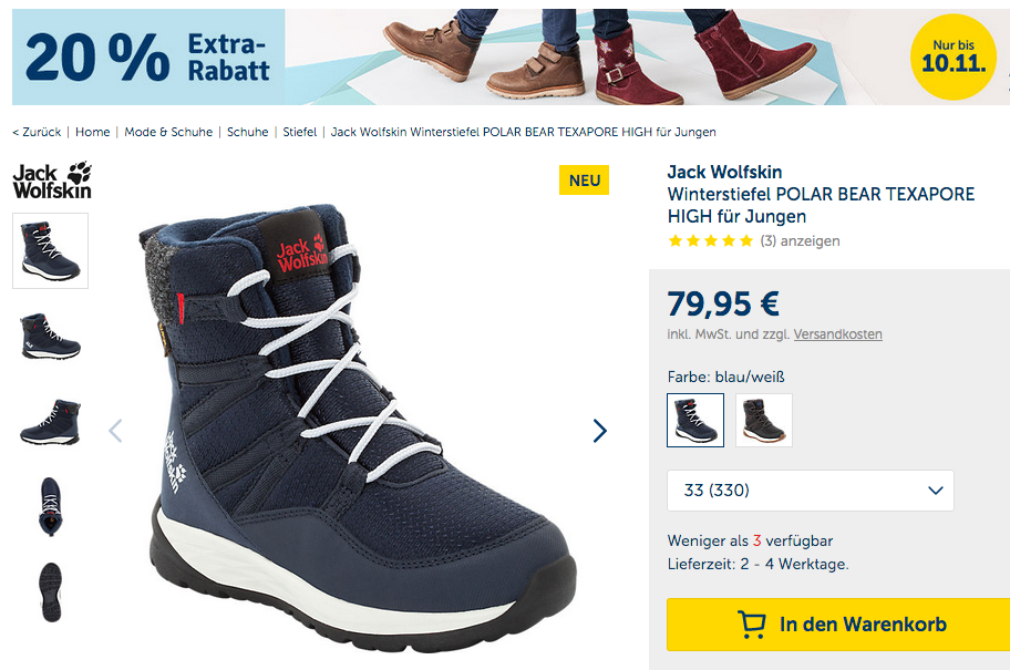 myToys.de - 20% Extra-Rabat auf Schuhe: z.B. Jack Wolfskin Jungen Winterstiefel POLAR BEAR TEXAPORE HIGH (26-33) myToys.de - 20% Extra-Rabat auf Schuhe: z.B. Jack Wolfskin Jungen Winterstiefel POLAR BEAR TEXAPORE HIGH (26-33)