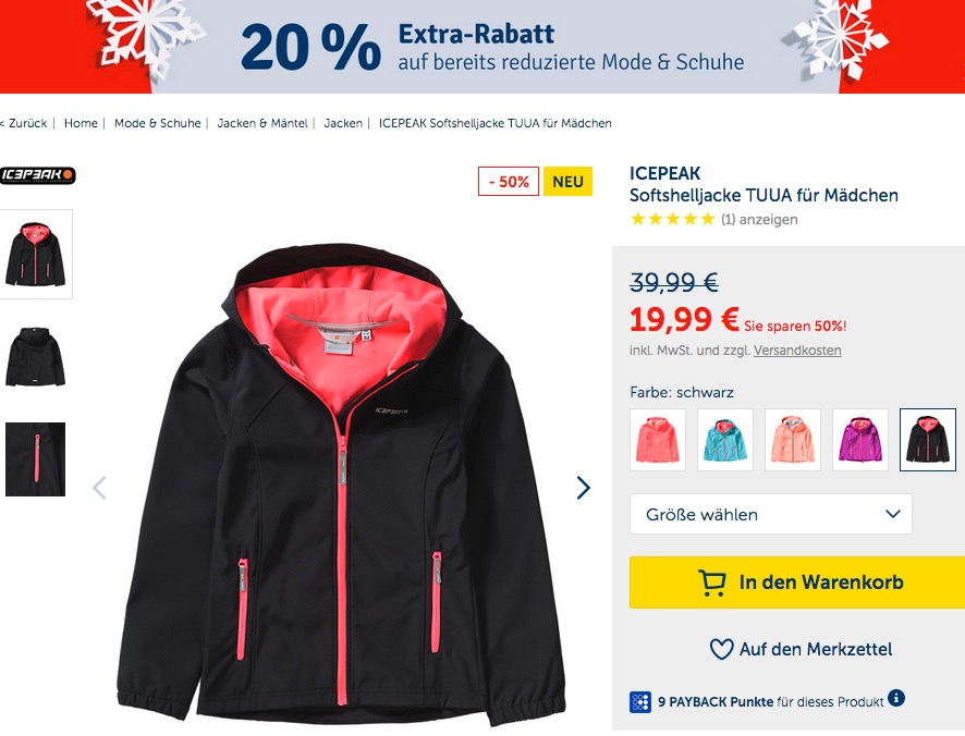 myToys.de 20% Extra-Rabatt auf bereits reduzierte Mode und Schuhe: z.B. ICEPEAK Softshelljacke TUUA für Mädchen myToys.de 20% Extra-Rabatt auf bereits reduzierte Mode und Schuhe: z.B. ICEPEAK Softshelljacke TUUA für Mädchen