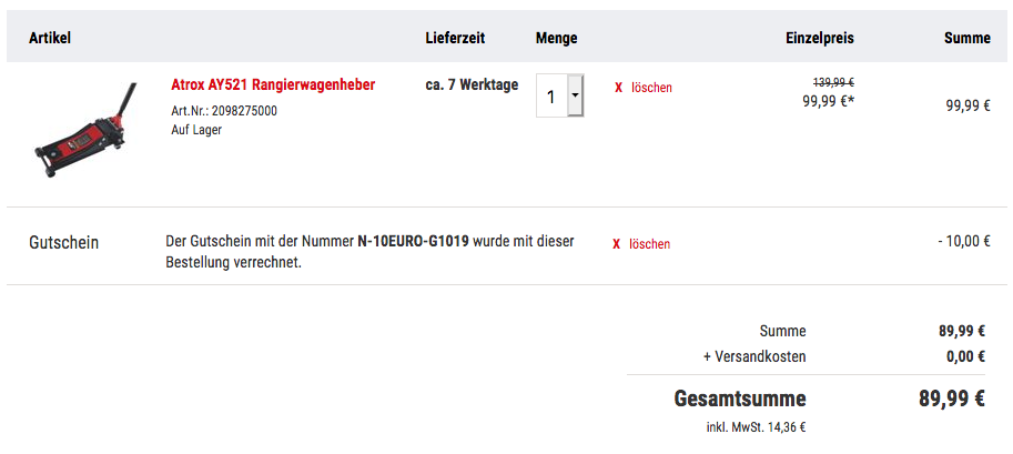 Netto Marken-Discount Onlineshop - 10 Rabatt ab 99 Einkaufswert: z.B. Atrox AY521 Rangierwagenheber 2,25 t (7,5 - 50,5 cm) Netto Marken-Discount Onlineshop - 10 Rabatt ab 99 Einkaufswert: z.B. Atrox AY521 Rangierwagenheber 2,25 t (7,5 - 50,5 cm)