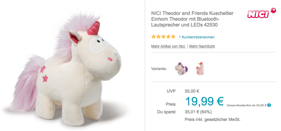 NICI 42530 Theodor and Friends Kuscheltier "Einhorn Theodor" mit Bluetooth-Lautsprecher und LEDs NICI 42530 Theodor and Friends Kuscheltier "Einhorn Theodor" mit Bluetooth-Lautsprecher und LEDs