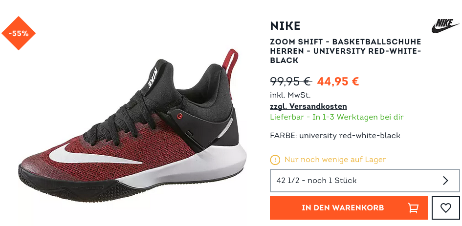 Nike ZOOM SHIFT - Herren Basketballschuhe University red-white-black, 42 1/2 Nike ZOOM SHIFT - Herren Basketballschuhe University red-white-black, 42 1/2