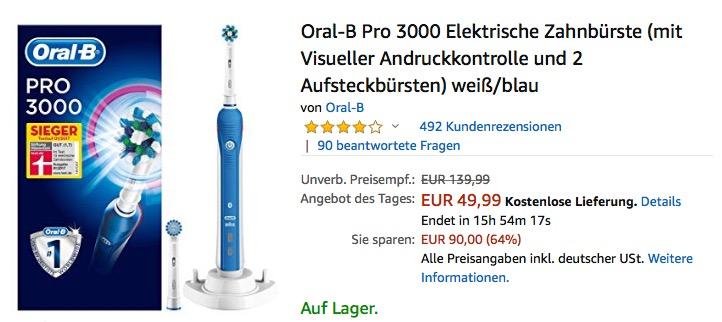 Oral-B Pro 3000 Elektrische Zahnbürste mit visueller Andruckkontrolle - jetzt 14% billiger Oral-B Pro 3000 Elektrische Zahnbürste mit visueller Andruckkontrolle - jetzt 14% billiger
