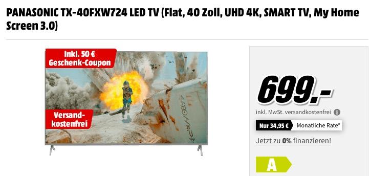 PANASONIC TX-40FXW724 40 Zoll UHD 4K - Fernseher zuzüglich 50 Geschenk-Coupon - jetzt 7% billiger PANASONIC TX-40FXW724 40 Zoll UHD 4K - Fernseher zuzüglich 50 Geschenk-Coupon - jetzt 7% billiger