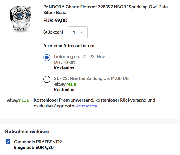 Pandora 798397 NBCB "Sparkling Owl" Anhänger, 925 Sterlingsilber Pandora 798397 NBCB "Sparkling Owl" Anhänger, 925 Sterlingsilber