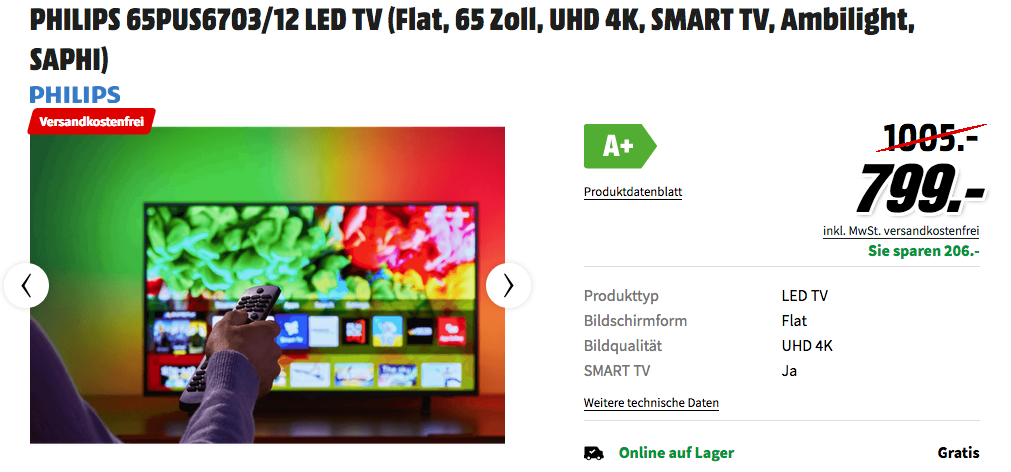PHILIPS 65PUS6703/12 65 Zoll UHD 4K-Ferneser mit 3-seitigem Ambilight PHILIPS 65PUS6703/12 65 Zoll UHD 4K-Ferneser mit 3-seitigem Ambilight