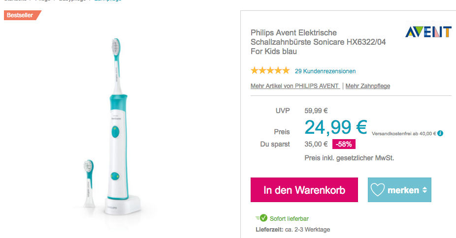 Philips Avent HX6322/04 Elektrische Kinder-Schallzahnbürste, blau Philips Avent HX6322/04 Elektrische Kinder-Schallzahnbürste, blau