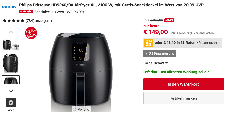 Philips Fritteuse HD9240/90 XL Airfryer/Heißluftfritteuse inkl. Gratis-Snackdeckel Philips Fritteuse HD9240/90 XL Airfryer/Heißluftfritteuse inkl. Gratis-Snackdeckel