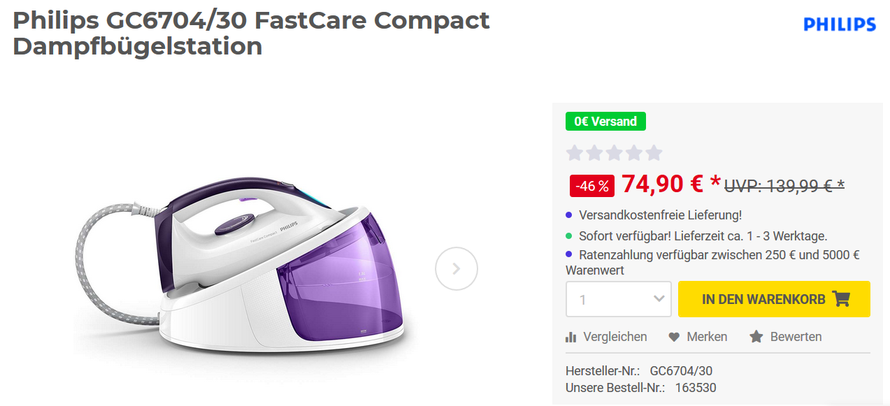 Philips GC6704/30 FastCare Compact Dampfbügelstation, 5,2 bar Philips GC6704/30 FastCare Compact Dampfbügelstation, 5,2 bar