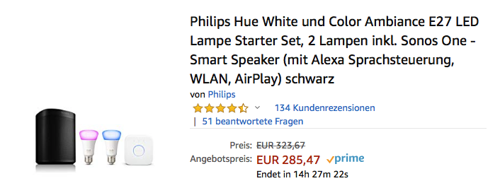 Philips Hue White und Color Ambiance E27 LED Lampe Starter Set, 2 Lampen inkl. Sonos One Lautsprecher Philips Hue White und Color Ambiance E27 LED Lampe Starter Set, 2 Lampen inkl. Sonos One Lautsprecher
