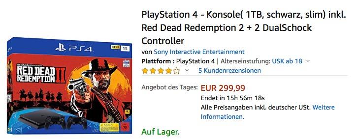 PlayStation 4 - 1TB Slim Konsole inkl. Red Dead Redemption 2 + 2 DualSchock Controller - jetzt 20% billiger PlayStation 4 - 1TB Slim Konsole inkl. Red Dead Redemption 2 + 2 DualSchock Controller - jetzt 20% billiger