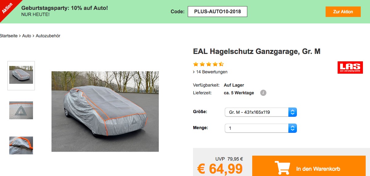 Plus.de - 10% Rabatt auf Autozubehör: z.B. EAL Hagelschutz Ganzgarage in Gr. M - jetzt 10% billiger Plus.de - 10% Rabatt auf Autozubehör: z.B. EAL Hagelschutz Ganzgarage in Gr. M - jetzt 10% billiger