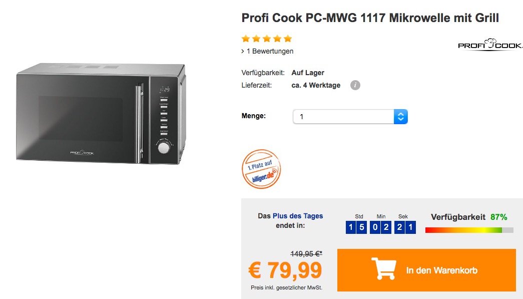 Profi Cook PC-MWG 1117 Mikrowelle mit Grill - jetzt 7% billiger Profi Cook PC-MWG 1117 Mikrowelle mit Grill - jetzt 7% billiger