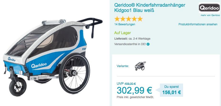 Qeridoo ® Kinderfahrradanhänger Kidgoo1 Blau/Weiß - jetzt 28% billiger Qeridoo ® Kinderfahrradanhänger Kidgoo1 Blau/Weiß - jetzt 28% billiger