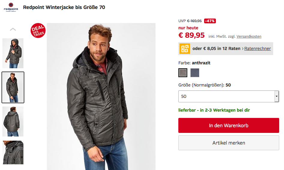 Redpoint Heeren Winterjacke mit Kapuze, anthrazit oder navy (48-70) Redpoint Heeren Winterjacke mit Kapuze, anthrazit oder navy (48-70)